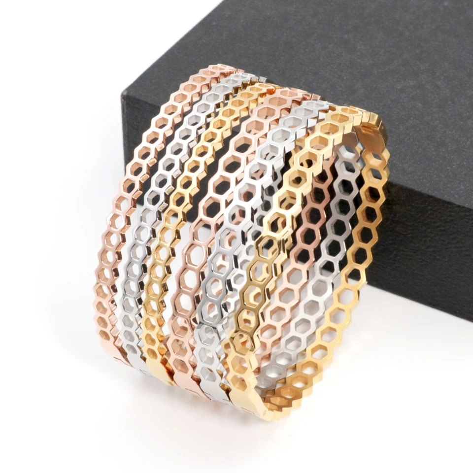 New High Quality Beehive Shaped Design 18 K Stainless Steel Bracelets For Women Popular Minimalist Bangles Gold Color Jewelry 2