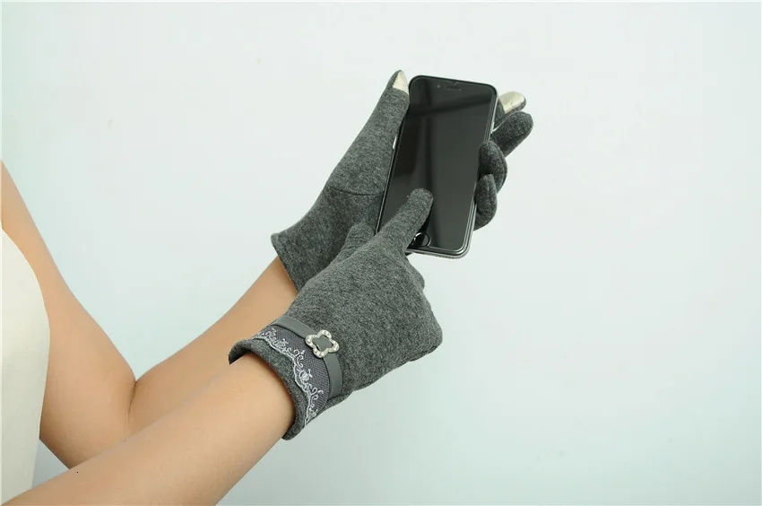Хорошая мода очарование сенсорный экран для женщин кружева хлопок теплые зимние перчатки подарок из мягкой ворсовой ткани