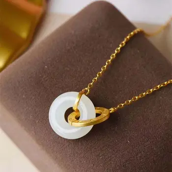 

Silver Inlaid Natural Hetian White Jade Ring Interlocking Double Ring Pendant Necklace Light Luxury Charm Women's Brand Jewelry