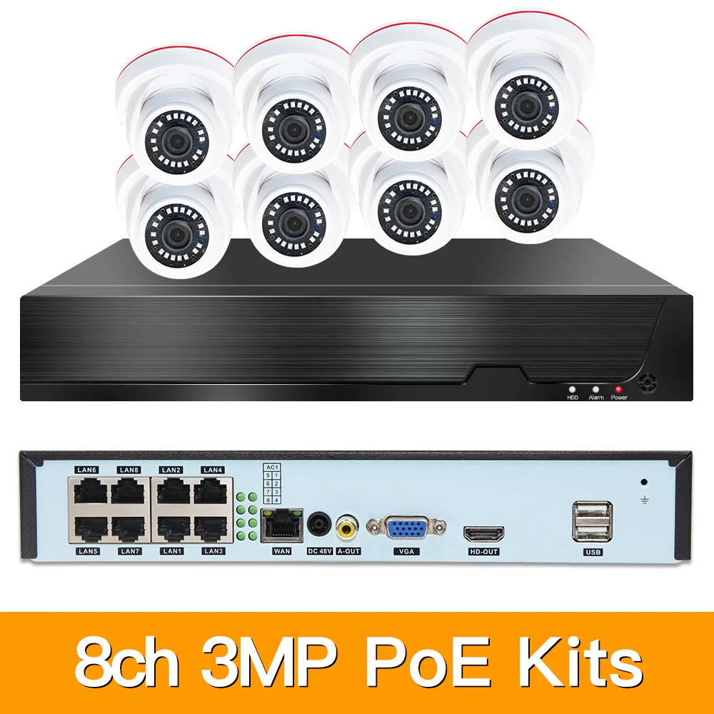 

8ch 3MP POE Kits H.265 System CCTV Security PoE NVR Indoor dome IP Camera Surveillance Alarm Video P2P P6Spro