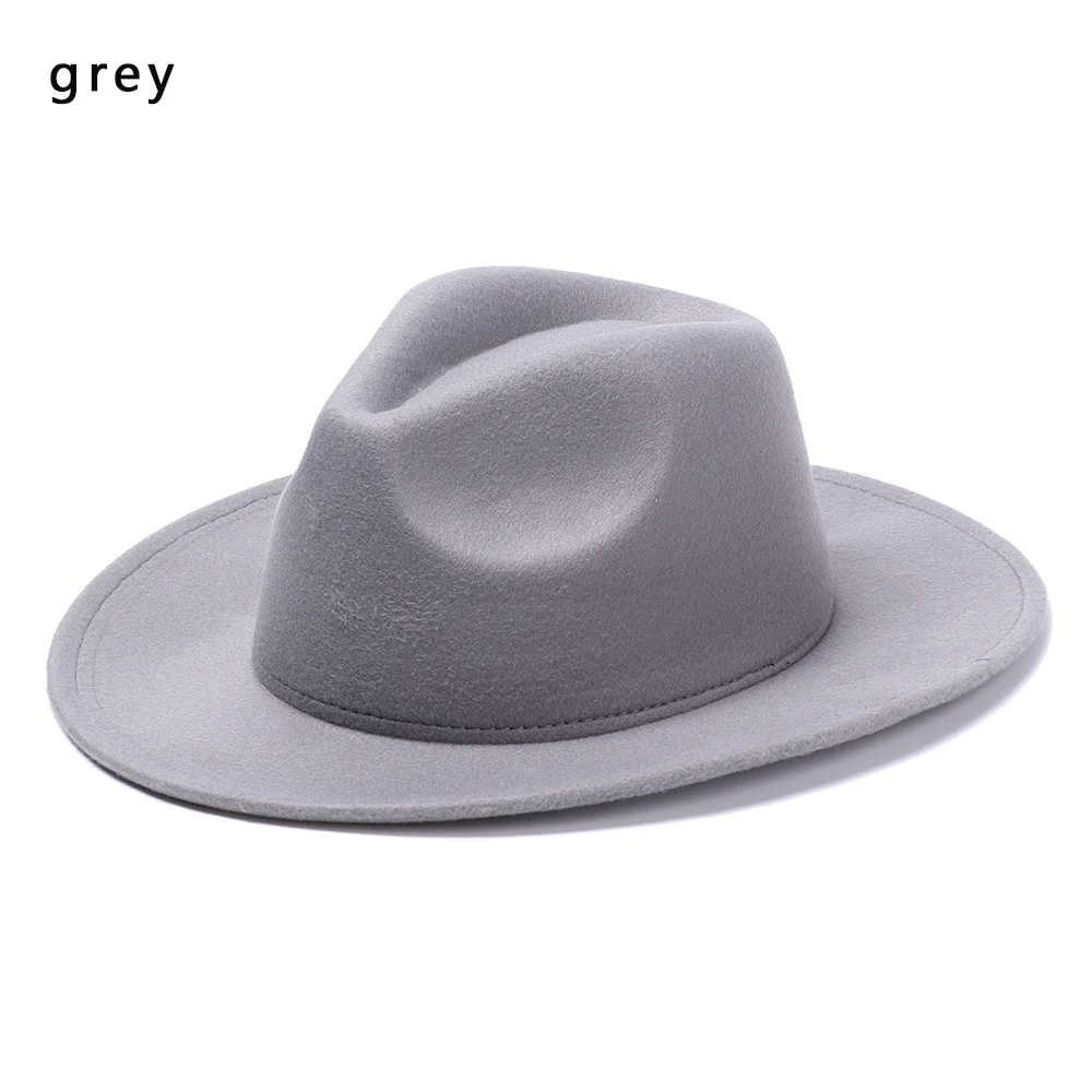 grey Осень-зима, имитация шерсти, для женщин, мужчин, дам, Fedoras, топ, джаз, шляпа, европейская, с широкими полями, американский котелок, шапки, новая мода - Цвет: grey
