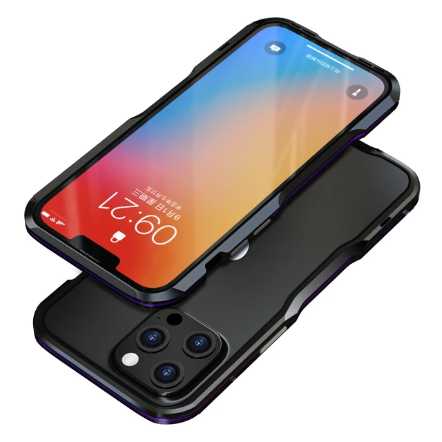 Luphie For iPhone 13 Mini 13 Pro Shockproof Armor Metal Bumper Irregularly Aluminum Case Cover For iPhone 13 Pro Max Case Black purple