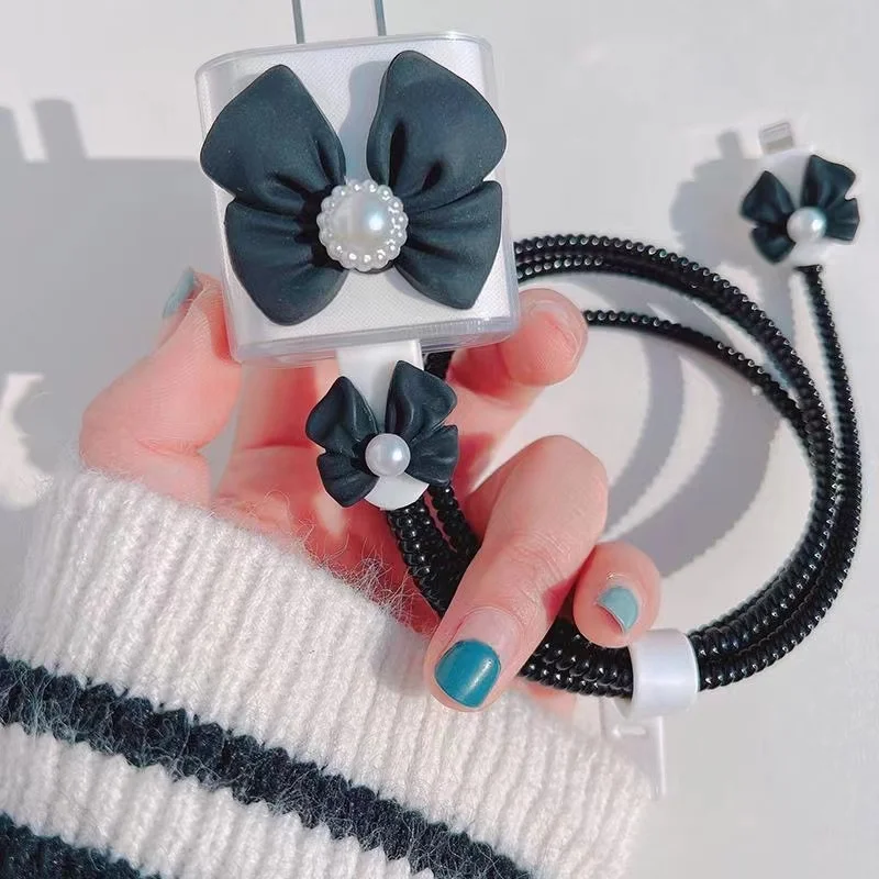 Set Di Protezioni Per Cavo Caricabatterie Per Telefono Bowknot Nero Per Apple Fast Charger 18W 20W Avvolgicavo Per Iphone 12 Custodia Per Cavo Dati Us