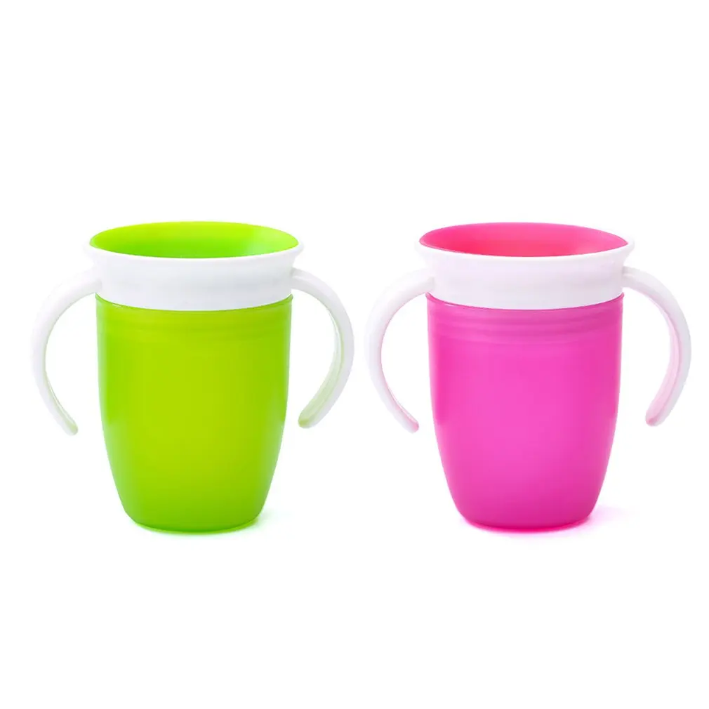 2 шт., 360 градусов, можно поворачивать, Волшебная чашка, Детская обучающая Питьевая чашка с двойной ручкой, герметичная чашка для бутылок - Цвет: Pink and Green