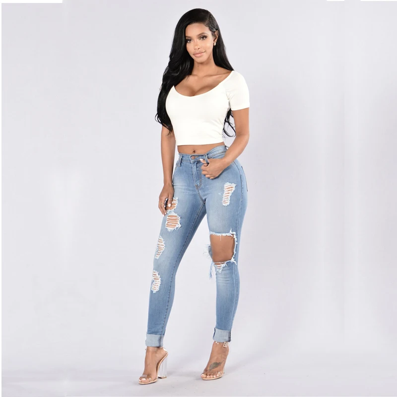 

Ripped High Waist Jeans Woman Button Pockets Hole Sexy Pencil Pants Casual Jeans for Women Clubwear Plus Size Distressed Jeans