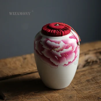 

WIZAMONY Chinese Kung Fu Jingdezhen tea caddy canister Red Peony Porcelain container for puer Oolong tea storage chests tea