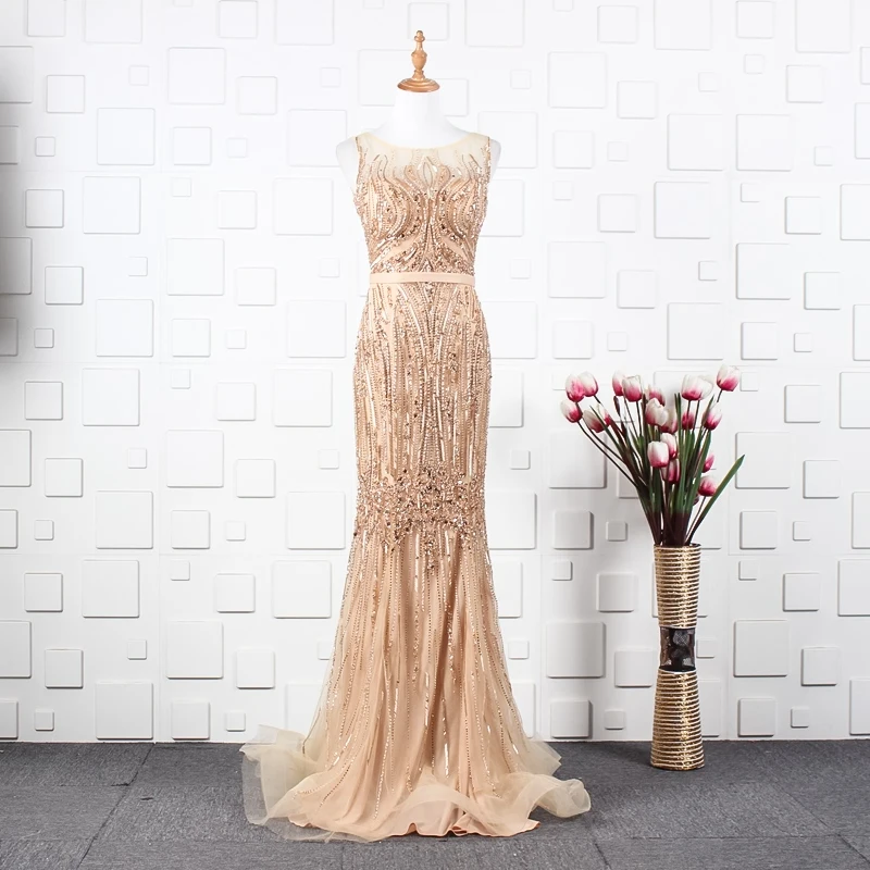 YY013 платье-Русалка с отстегивающимся рукавом, круглым вырезом и молнией сзади, Золотое платье, длинное платье-Русалка из бисера, robe de soiree