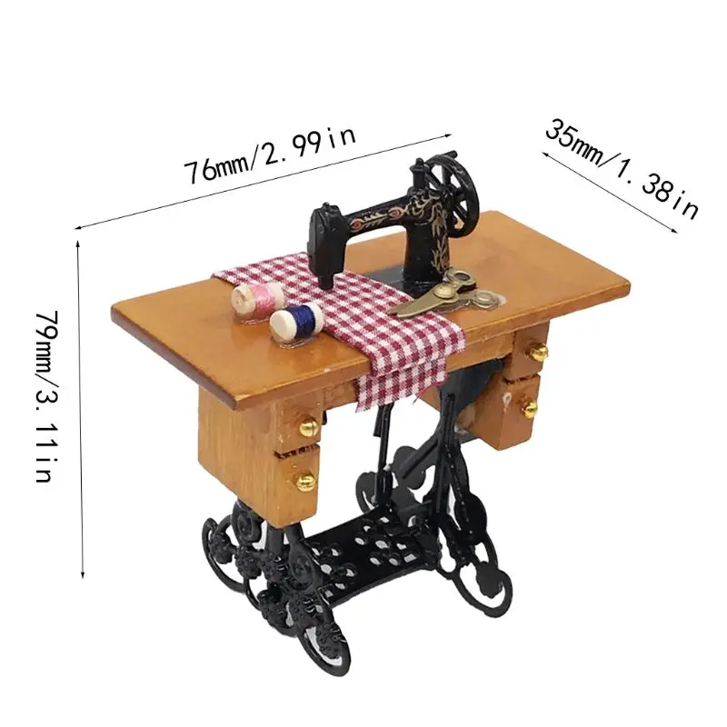 Miniature Furniture Sewing Machine With Line Wooden Scissors Children Doll House Decoration Accessories Toys For Girls