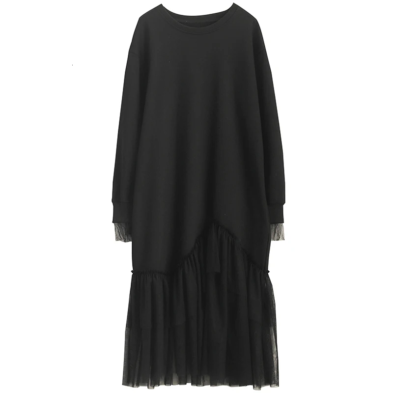 [EAM] женское Сетчатое платье с разрезом, длинное платье большого размера, новинка, круглый вырез, длинный рукав, свободный крой, мода, весна-осень, 1M758 - Цвет: black