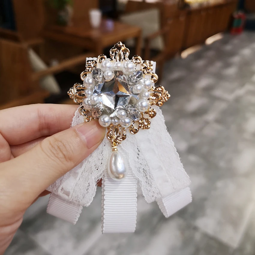 Korean style women bow tie Lace Butterfly brooch Girl Studded collar bowtie classic white/black Neck tie new Shirt Accessories