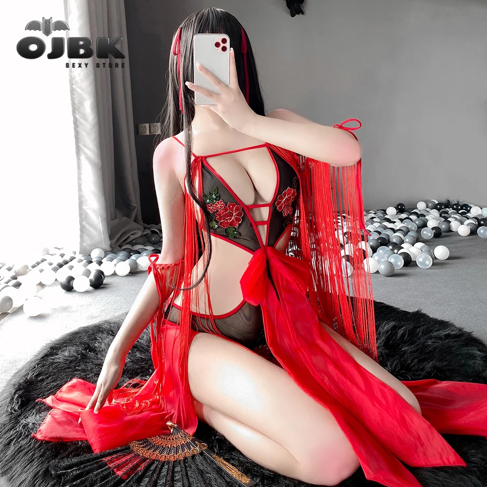 OJBK Sexy Cosplay Costumes Ribbon Lace Dancing Suit For Women Erotic Lingerie See Through Red Slim Curve Bodysuit Backless Dress photo