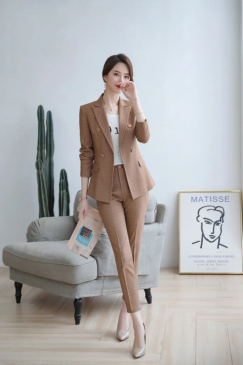 Женская мода, женская клетчатая юбка, брюки, костюм, 5XL, бизнес, для интервью, для работы, одежда для офиса, для девушек, с длинным рукавом, блейзер и брюки, комплект