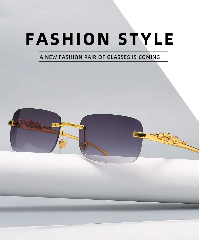 Fashion Vintage Rimless Square Sunglasses Women Men Luxury Brand Designer Popular Travel Driving Metal Leopard Head Sun Glasses fashion sunglasses
