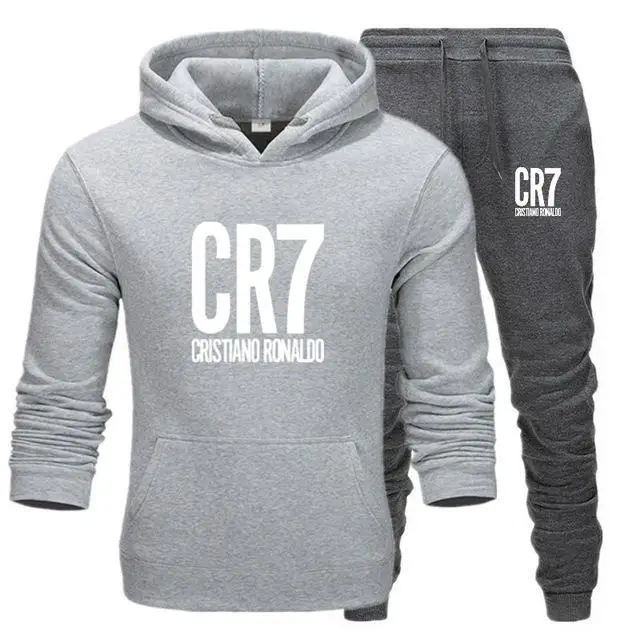 light grey Dark grey Мужской спортивный костюм, зимняя флисовая куртка с капюшоном и CR7 принтом+ штаны, толстовка, мужской комплект из 2 предметов, толстовка, спортивный костюм - Цвет: light grey Dark grey