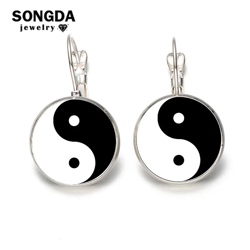 Модные черные белые серьги Tai Chi Инь Янь Простые ретро кабошон стекло лучший друг