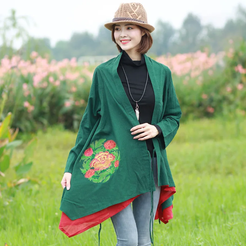 

Branch Embroidered Split Shawl Coat Women's Autumn Sleeved Embroidered National Wind Cotton Linen WOMEN'S Dress Long Sleeve Retr