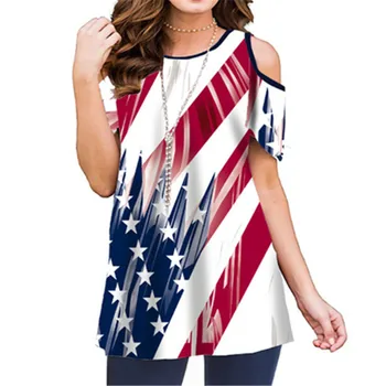 

2020 New American Flag Fashion Women T Shirt Summer Clothing Casual Print O-neck Short Sleeve Off Shoulder Sexy Ladies Tops 2XL