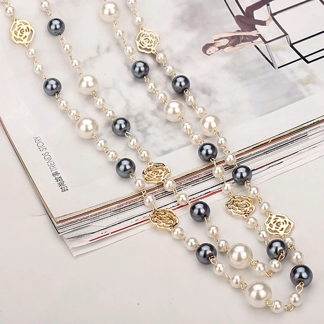 Women's Small Fragrant Long Pearl Necklace Black White Camellia Jewelry  Multilayer Sweater Chain Autumn and Winter Accessories - AliExpress