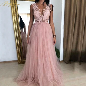 

Pink Prom Dress 2020 Appliques Bead Evening Gown Shoulder Lace Wedding Party Dress Tulle Scoop Neck Formal Dress Flower Vestidos