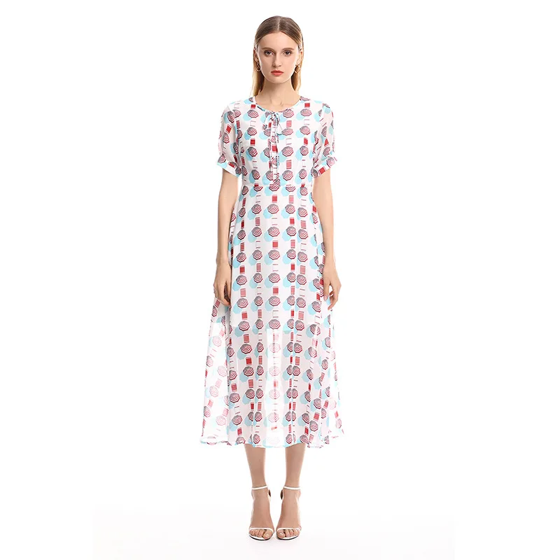 

2019 Bohemian Fashion Unbrella Print Elegant A-Line O-Neck Short Empire Charming Woman Midi Swing Dress Size S-2XL