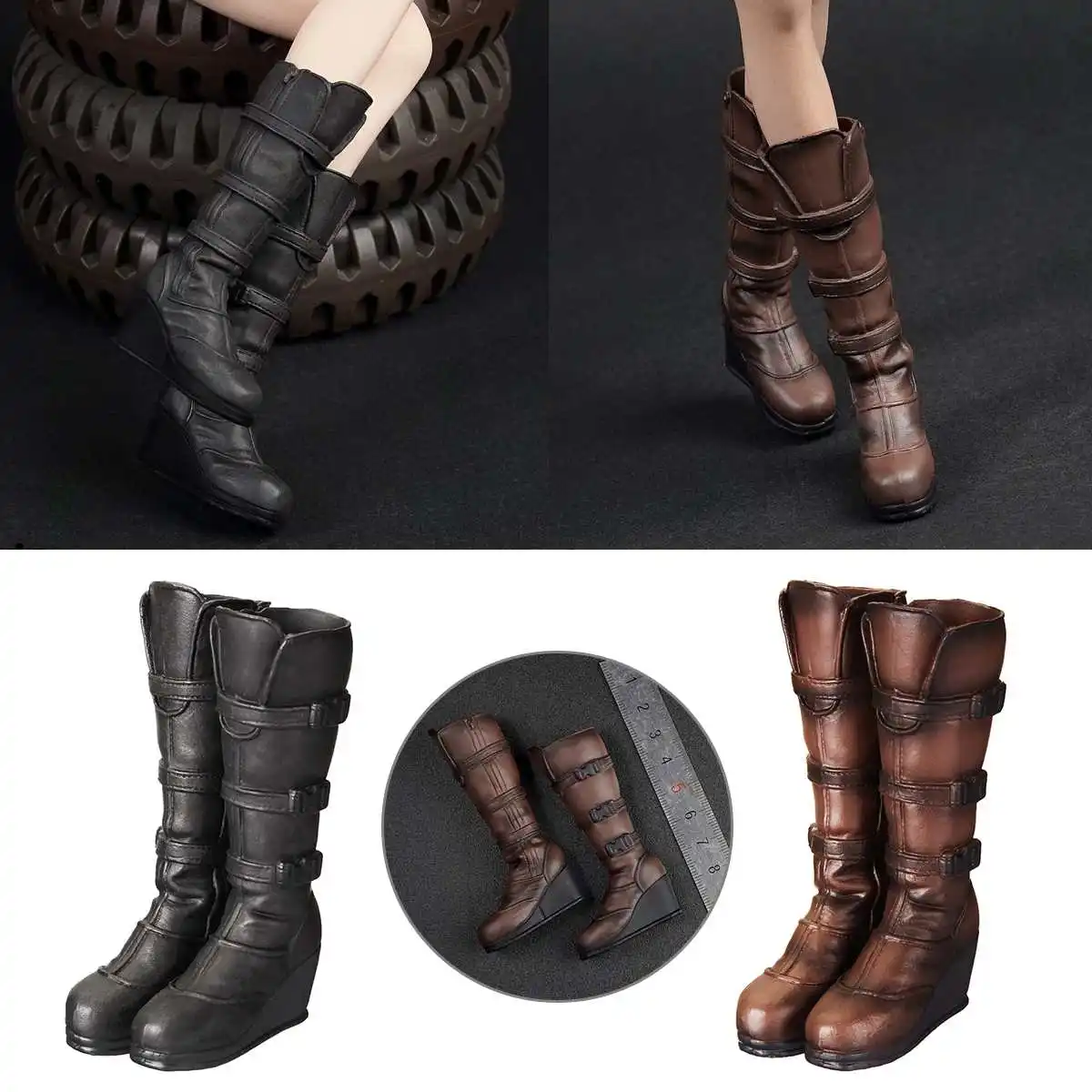 

1/6 Scale Female Shoes Combat Boots dual use Long/Short Solid Feet Inside Model for 12'' Remove Feet Action Figure Accessory