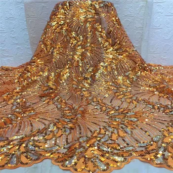 

New Sequins Lace Fabric 2019 High Quality Orange Sequins African Lace Fabric Wedding French Tulle Lace Fabric Nigerican Wedding
