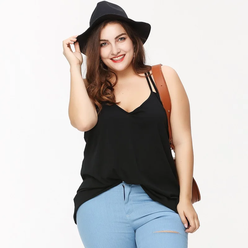 

Plus Size Summer Western Style Fashion Loose Solid Color Backless 3XL-6XL Black Spaghetti Strap Woman Casual Camis Lady Camis