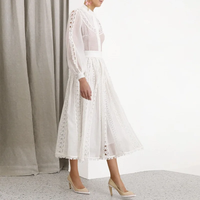 [LIVIVIO] кружевная белая блузка с бабочкой+ длинная юбка с высокой талией, Женский комплект из двух предметов
