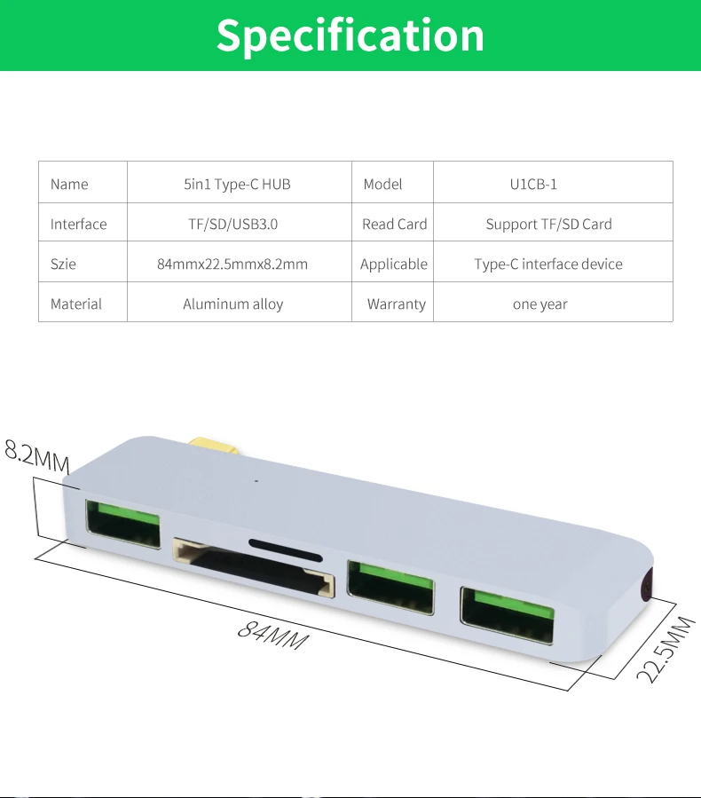 5in1 Multiport USB C Hub, 5 Ports USB Hub, Type C Hub with 3xUSB3.0 SD TF for Macbook, Laptop, more Devices with Type C Port