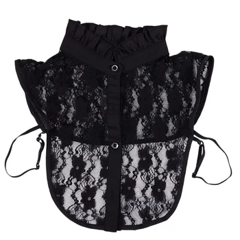 

Women's Lace Detachable Collar Half Shirt Blouse 4-Button (Black)