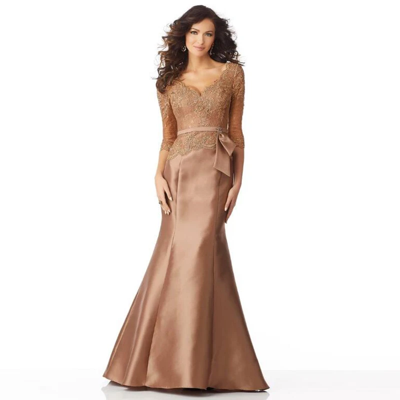 Hot Sale Elegant Mermaid Copper Lace Mother Of The Bride Dresses Back Out Three Quarter Sleeve