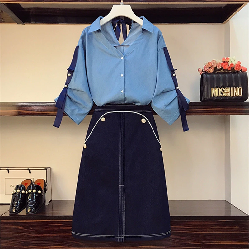 plus size denim skirt sets