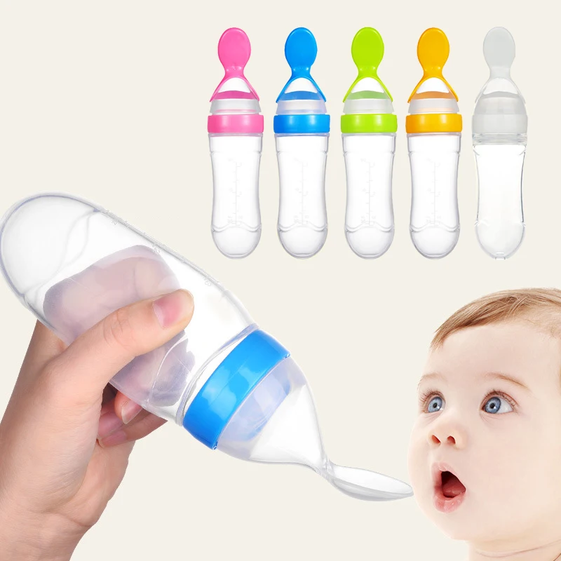 

90ML Safety Infant Silicone Baby Feeding With Spoon Feeder Food Rice Cereal Squeeze Feeding Spoon Milk Bottle Training Feeder