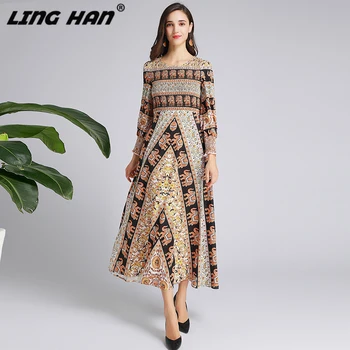 

LINGHAN Elegant Print Long Dress Women's Fashion Lantern Sleeve Elastic bust Big pendulum Dresses Designer Autumn New
