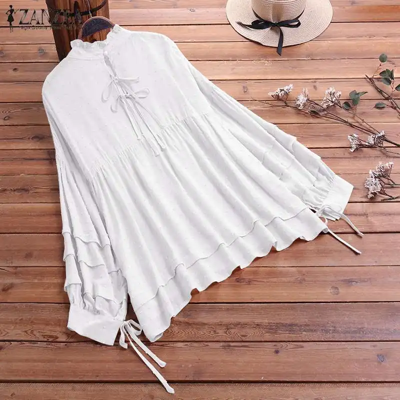 

Oversized Women's Lace Up Blouse 2020 ZANZEA Fashion Ruffle Tops Casual Long Sleeve Blusas Female Polka Dot Shirts Solid Tunic
