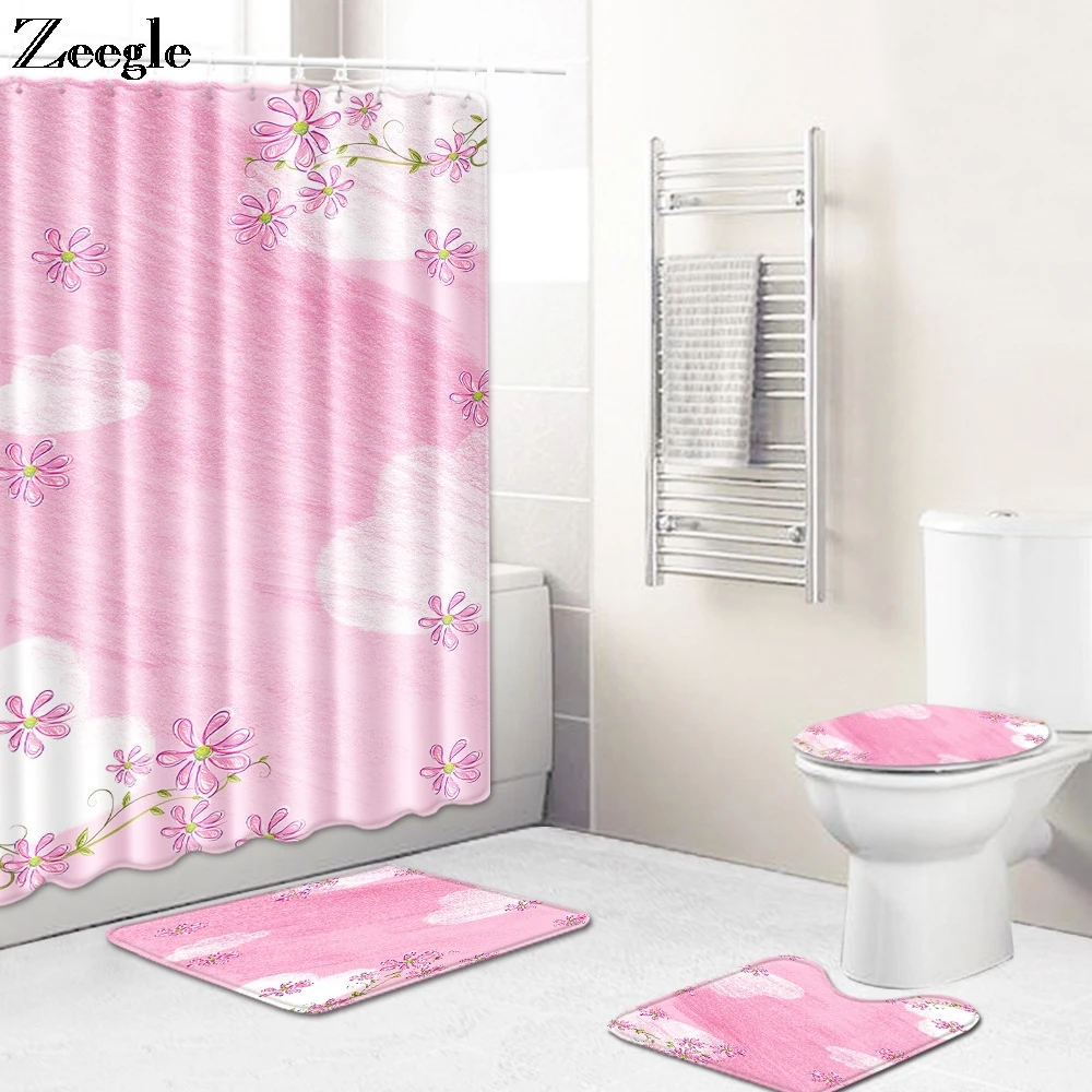 Zeegle 4pcs Bath Mat Set Waterproof Bathroom Curtain Anti-slip Bathroom Carpet Absorbent Toilet Pedestal Rug Shower Curtain Set