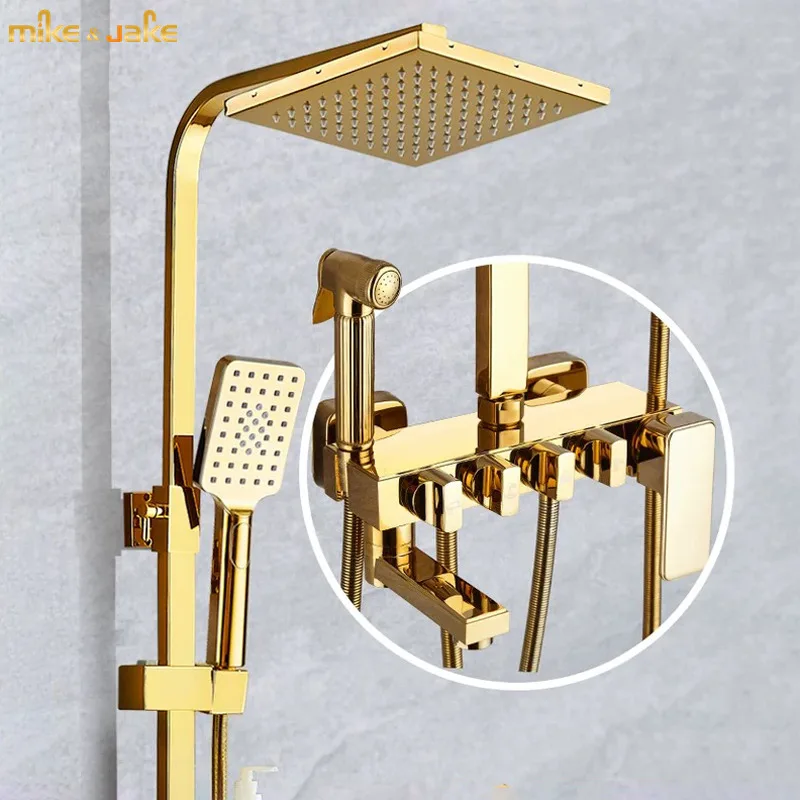

Luxury golden bathroom rainfall shower Bathroom gold brass shower set stainless shower head bathtub wall shower hot and cold