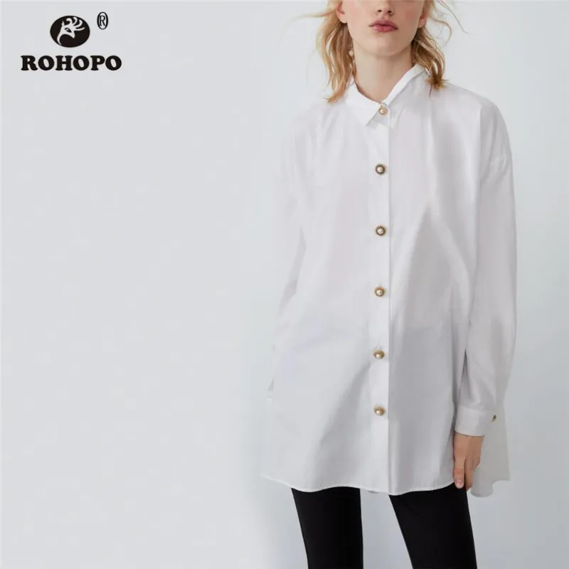 

ROHOPO High Low Length Gold Pearl Buttons Fly White Poplin Blouse Lapel Collar Round Hem Side Split Baggy Long Top Brusa #9645