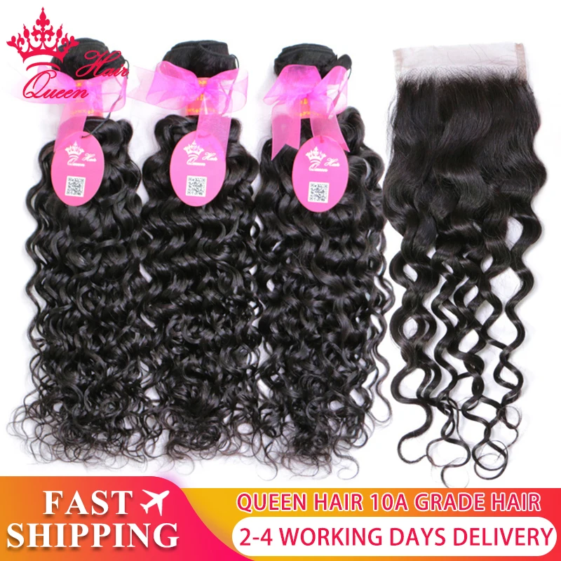 

Queen Hair Brazilian Hair Weave Bundles With Lace Closure Remy Human Hair 3 Bundle Deal With Closure Water Wave Bundles