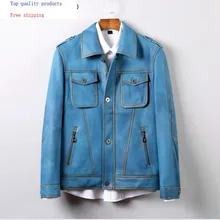 Мужская кожаная куртка из натуральной кожи, мужская синяя куртка из овчины в Корейском стиле, приталенный Блейзер, кожаные куртки 71503 KJ2727