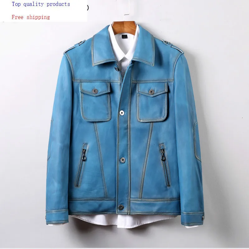 Мужская кожаная куртка из 100% овчины синяя приталенная натуральной кожи 71503 KJ2727 |