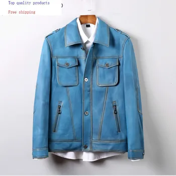 

Men's Leather Jacket Genuine Leather 100% Sheepskin Coat Men Blue Korean Slim Fit Blazer Leather Jackets 71503 KJ2727