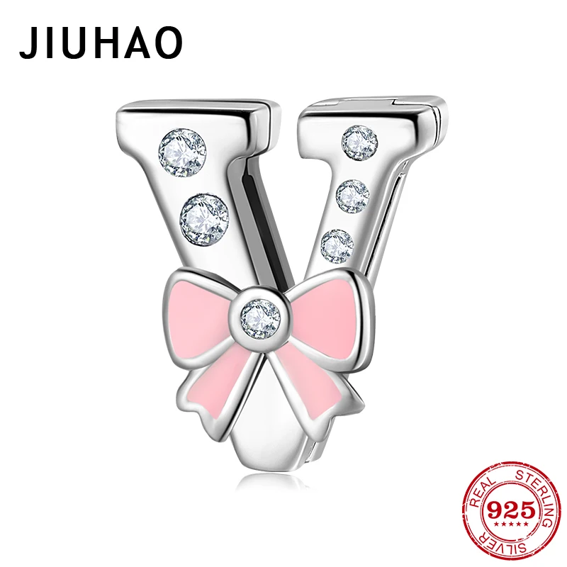 925 Sterling Silver Bow Sparkling Clear CZ Letter V Alphabet Clip Beads Fit Reflection Charms Bracelet For Women Jewelry Making
