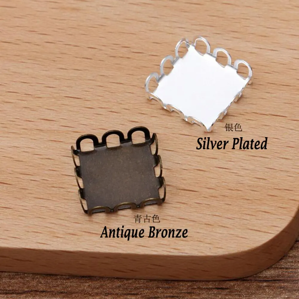 

500pcs silver plated antique bronze square lace into 12mm tray bezel blank pendant base cabochon settings