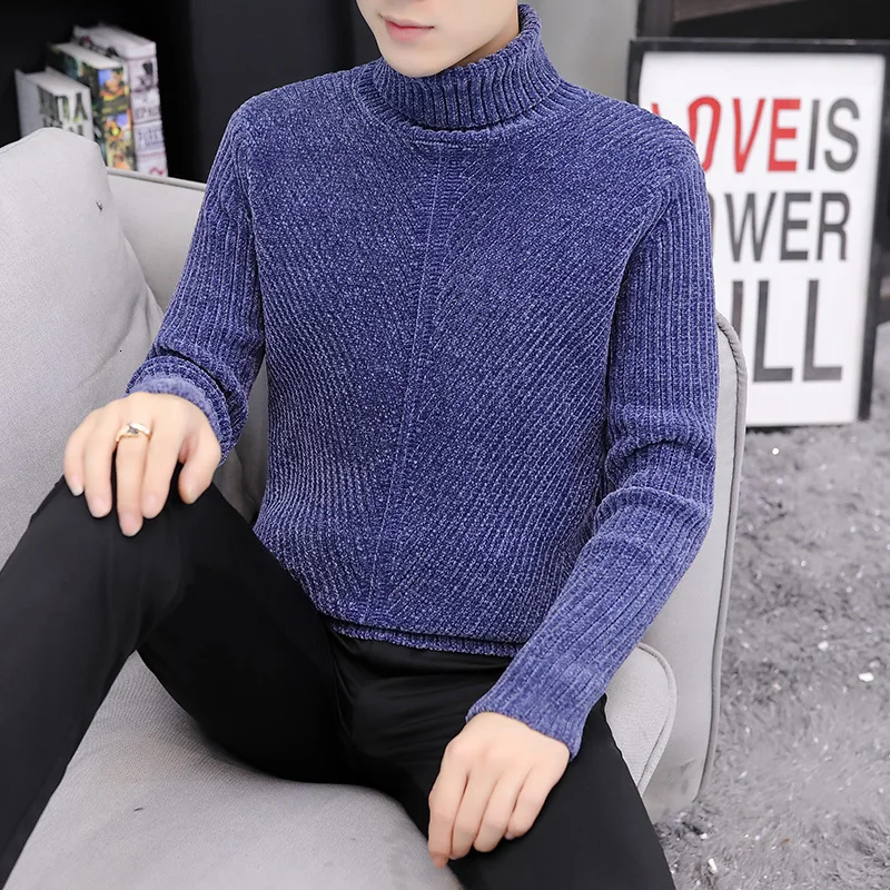 Navy Blue Мужская осенне-зимняя утепленная мохеровая шерсть верхняя одежда без подкладки свитер с высоким содержанием мужской свитер в стиле хип-хоп - Цвет: Navy Blue