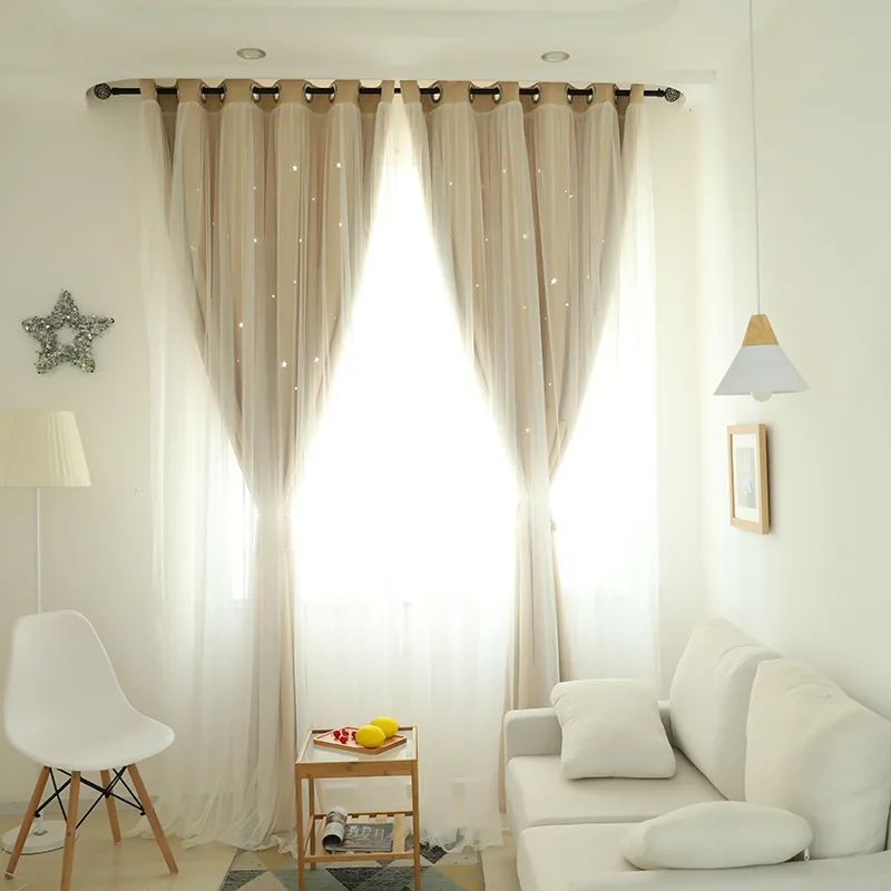 

Korean Double Hollowed-out Star Curtains for Living Room Girls' Bedroom Romatic Curtains for Bedroom High-shading Tulle Cloth