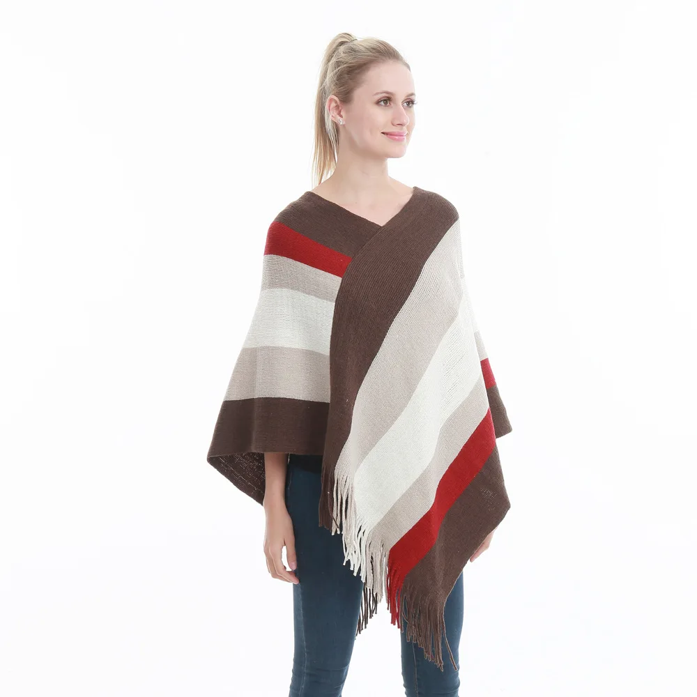 

Women Warm Cashmere V-neck Pullover Knitted Jumper Elegant Striped Asymmetric Batwing Style Cape Poncho Sweater with Fringes