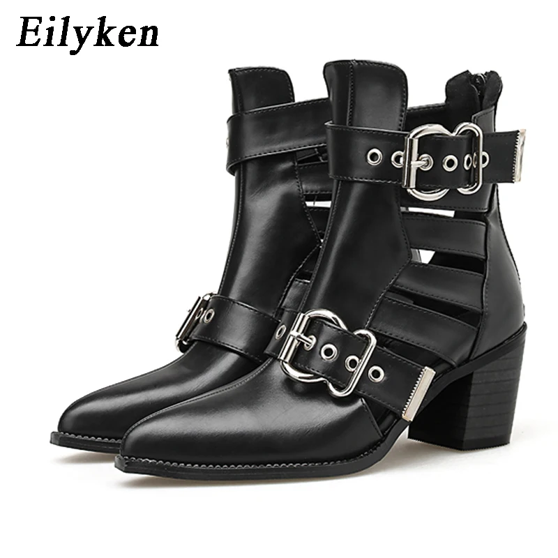 Black Eilyken/ботинки с пряжкой женские ботинки модная обувь с острым носком в стиле ретро женские ковбойские ботинки повседневная обувь готические сапоги - Цвет: Black