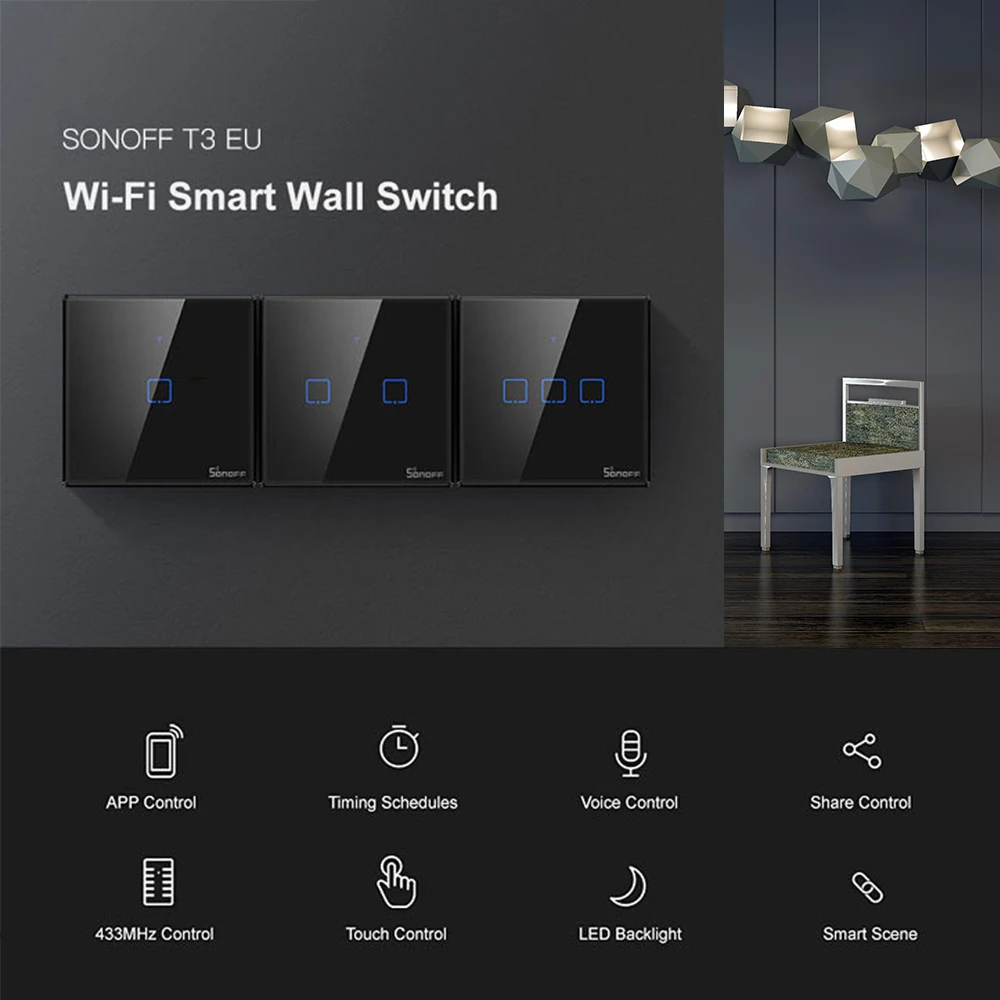 Интеллектуальный выключатель света SONOFF T3EU TX Smart Wi-Fi настенный сенсорный выключатель с границы T3 стандарта ЕС, США, Великобритании умный дом 1/2/3 433 RF/Голосовое управление/приложение/сенсорный экран Управление для Alexa