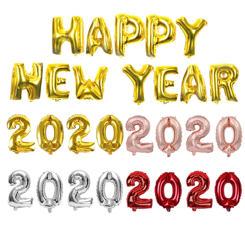 Счастливый новый год 2020 золотые серебряные шары из фольги в виде букв
